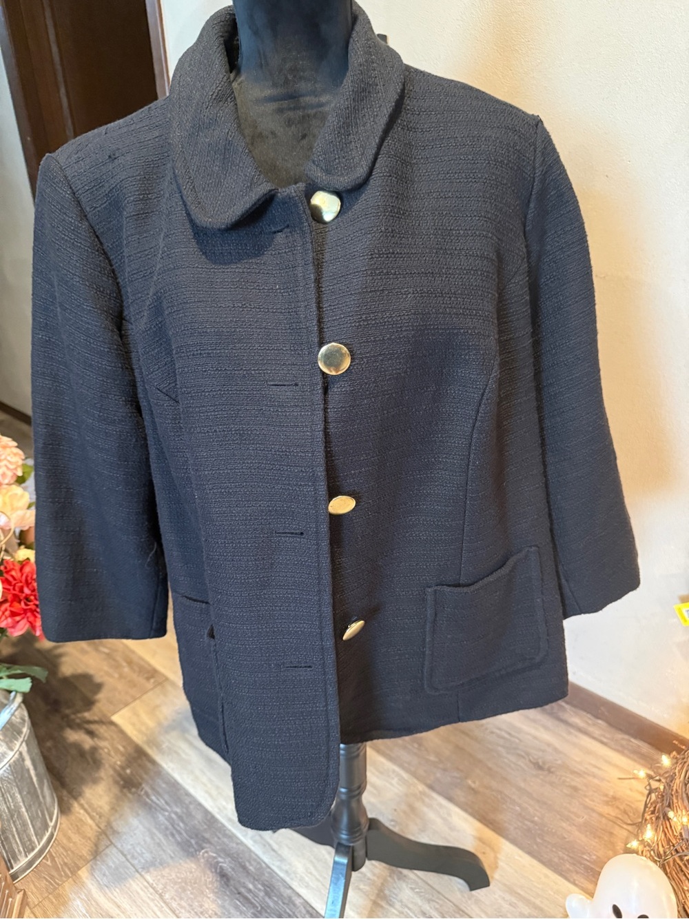 Jessica London Black Textured Blazer with Gold Buttons